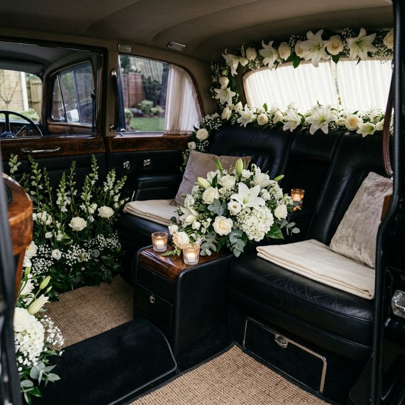 Eternal Repos — floral tribute within the ceremonial vehicle